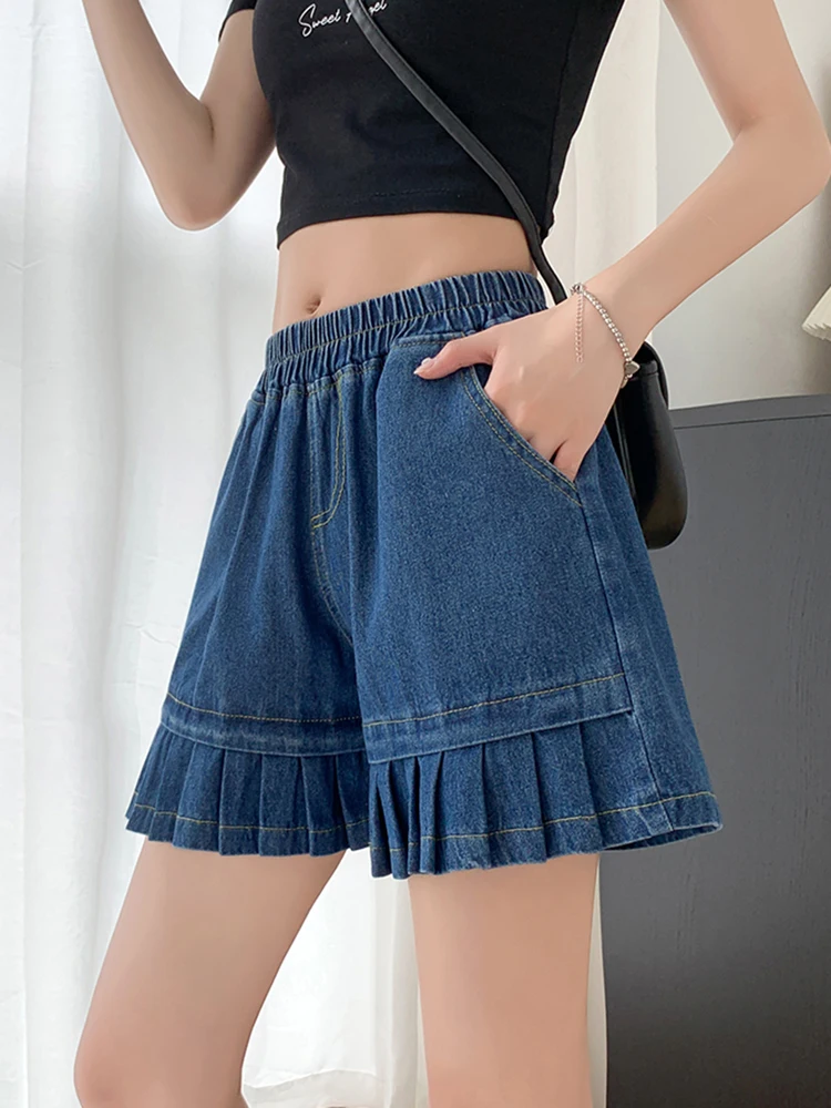 Loose Plus Size Women's Denim Shorts Skirts Summer Elastic Waist Wide Leg Jeans Shorts Woman Cotton Pleated Kawaii Short Pants image 2