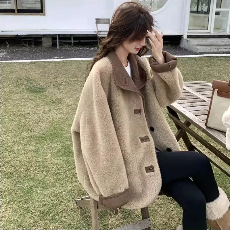 

Свободный кардиган из овечьей шерсти для мужчин и женщин, большой размер, 300 пу, корейский стиль, воротник-стойка, открытый кардиган, осенний...