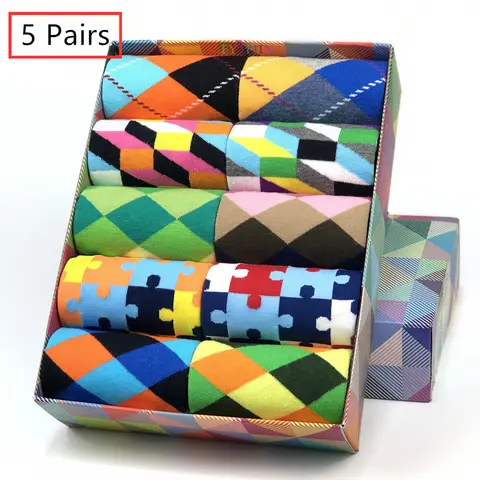 5 Pairs Novelty Men's Cotton Colorful Pattern Funny Fashion Happy Crew Dress Socks