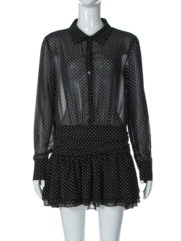 New Fashionable Polo Collar Patchwork Dot Mini Dress For Women Patchwork See-Through Elegant Party Dress Women's Autumn Dress