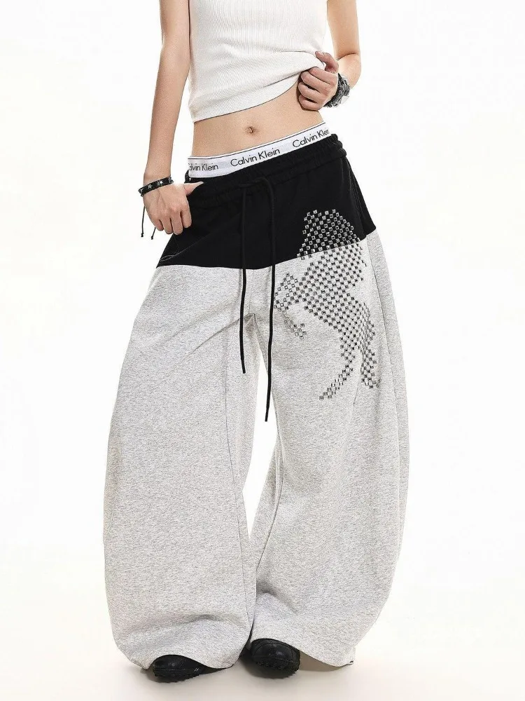 Women's Patchwork Colorblock Mini Rivet Pants Cool Girl Hip-hop High Waisted Trousers Female Casual Bottoms Wide Leg Sweatpants