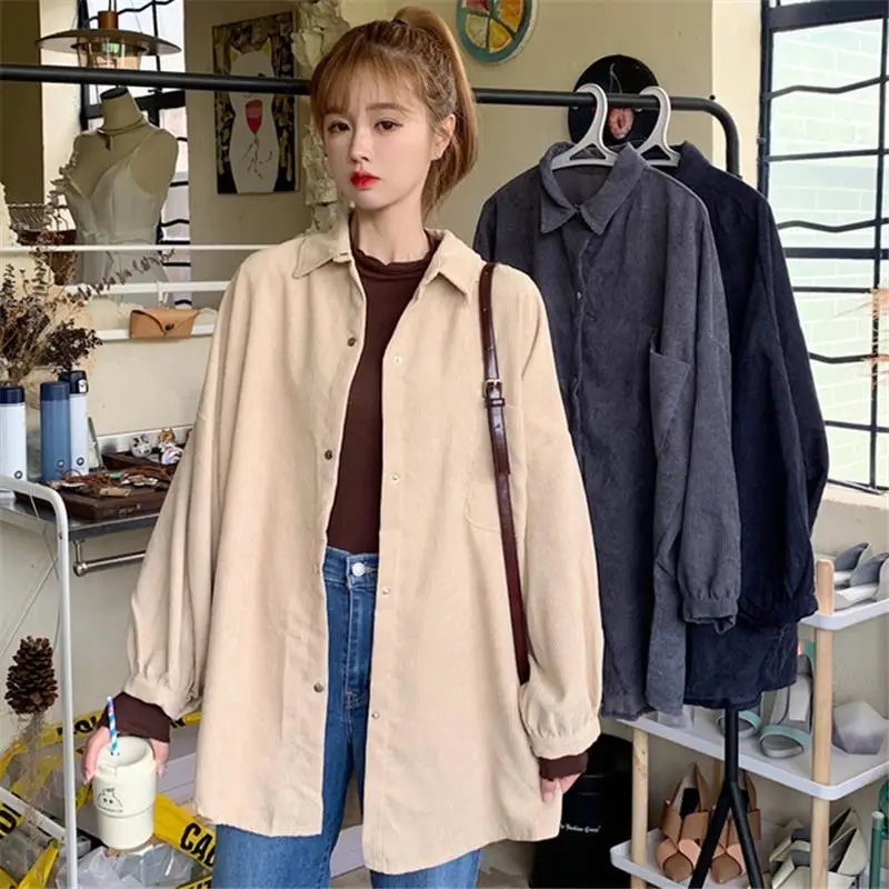 Vintage Corduroy Shirt Tops Women\'s Spring Autumn New Loose Korean Long Sleeve Solid Color Youth Blouse Casual Fashion Clothing