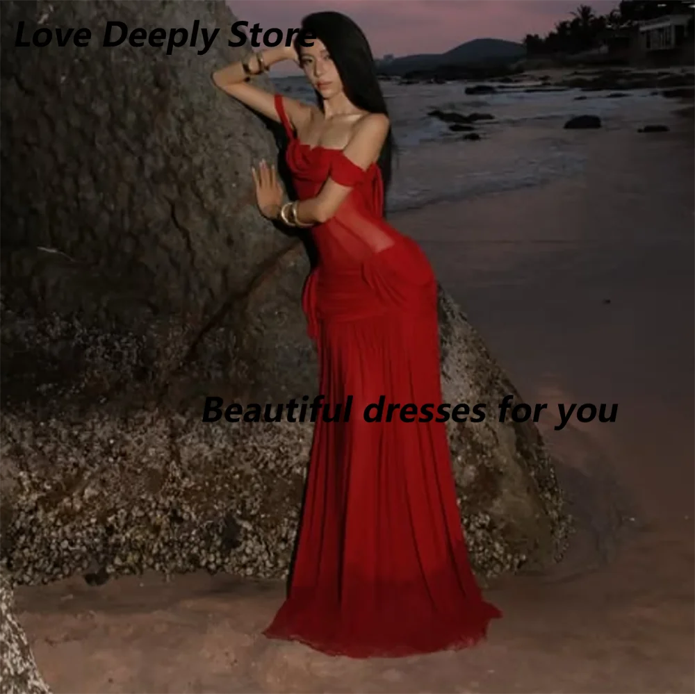 Customized Red Mesh Mother Of The Bride Gown Off Shoulder Sheer Mermaid Long Evening Dress Backless Beach Party Maxi Dress - view 3