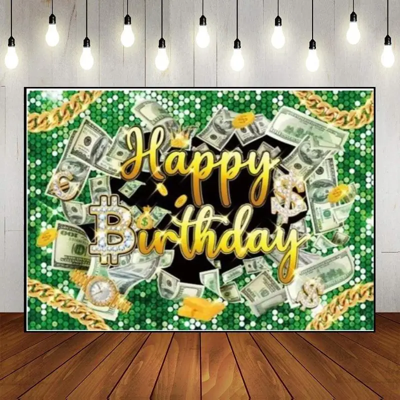 Money Theme Party Wall Champagne Glitter Diamond Happy Birthday Photography Backdrop   Bill Custom Banner Decoration Photo