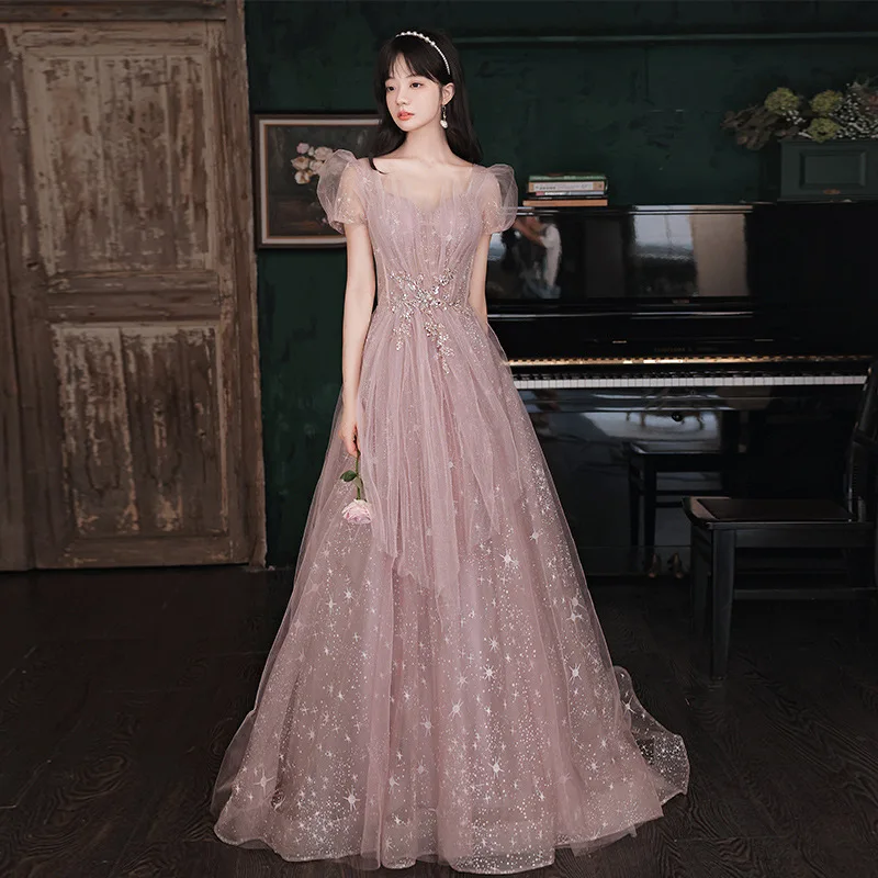 

Gorgeous Retro Women Evening Dress Illusion Puff Sleeve Sequin Lace Up Floor Length Party Dresses Female Formal Gown