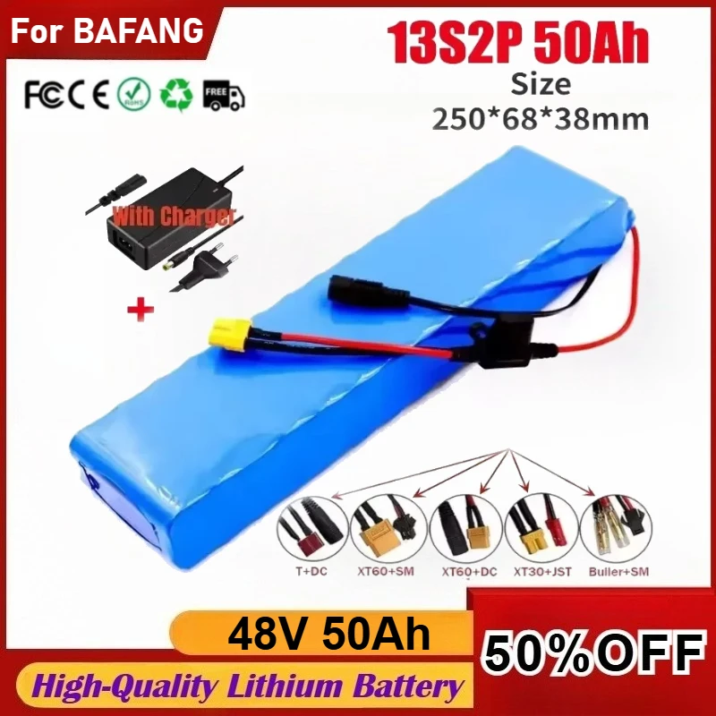 

48V 50Ah 18650 Lithium Battery Pack 13S2P High Power Battery for 54.6V 750W 1000W BAFANG Kit Built-in BMS with Charger and Fuse