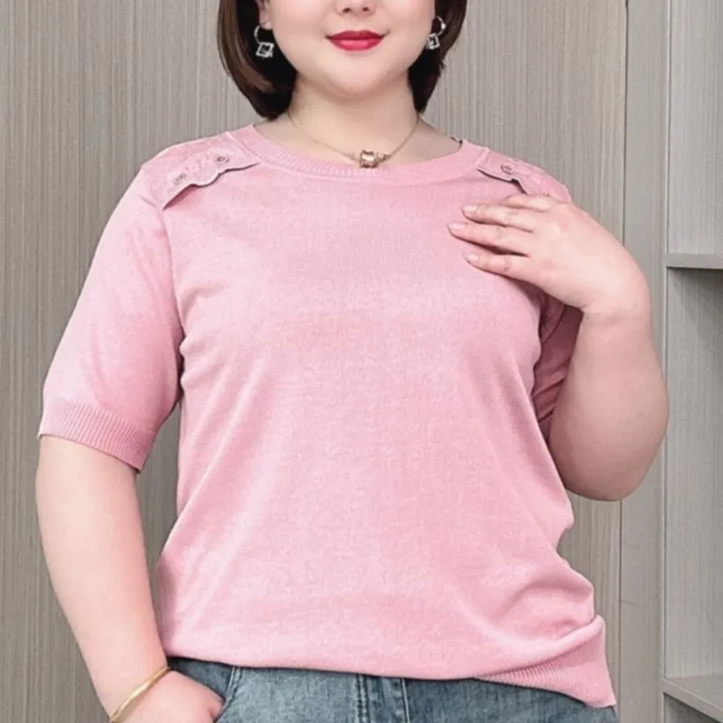 Ice Silk Knitted short-sleeved T-shirt Women Summer 2024 New Plus Size Fashion Thin Top