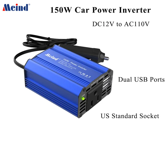 Przenośny mini falownik Meind 150 W 12 V do 110 V z gniazdem amerykańskim i dwoma portami USB do samochodu