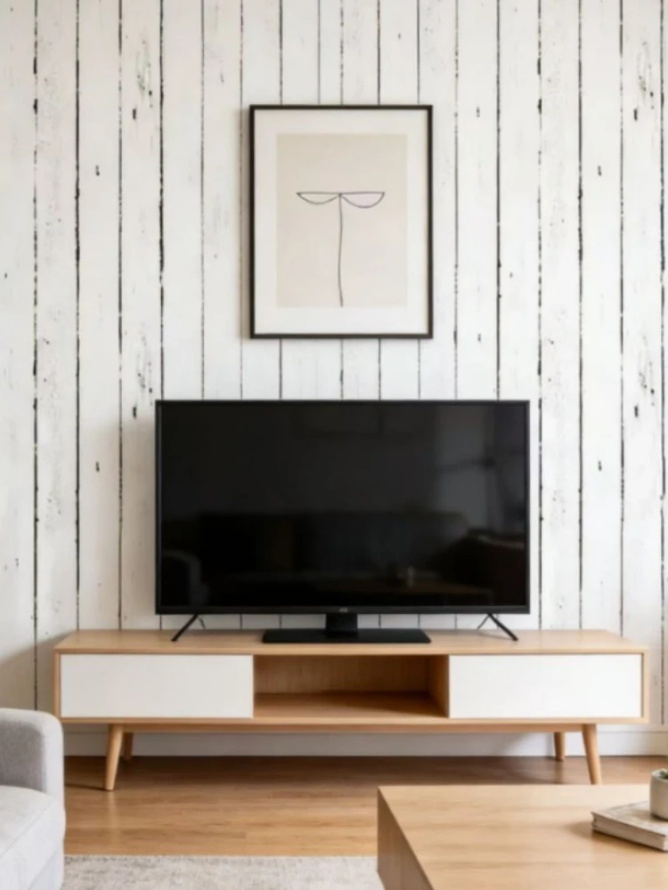 Wallpaper Self-adhesive Wall Sticker Pure White Vertical Stripe Wood Grain Waterproof Wallpaper Self-adhesive Background Wall