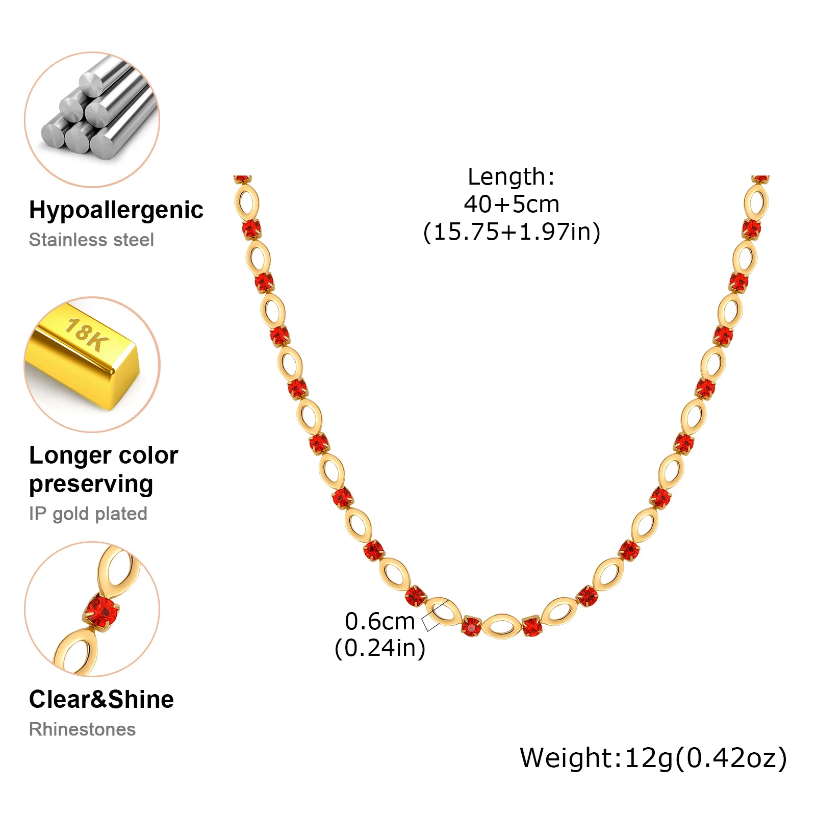 Hohle ovale Halskette aus Edelstahl für Damen, blau/grün/rot, Zirkon, verstellbare Kette, böhmischer Statement-Schmuck, Geschenke – Detail 10