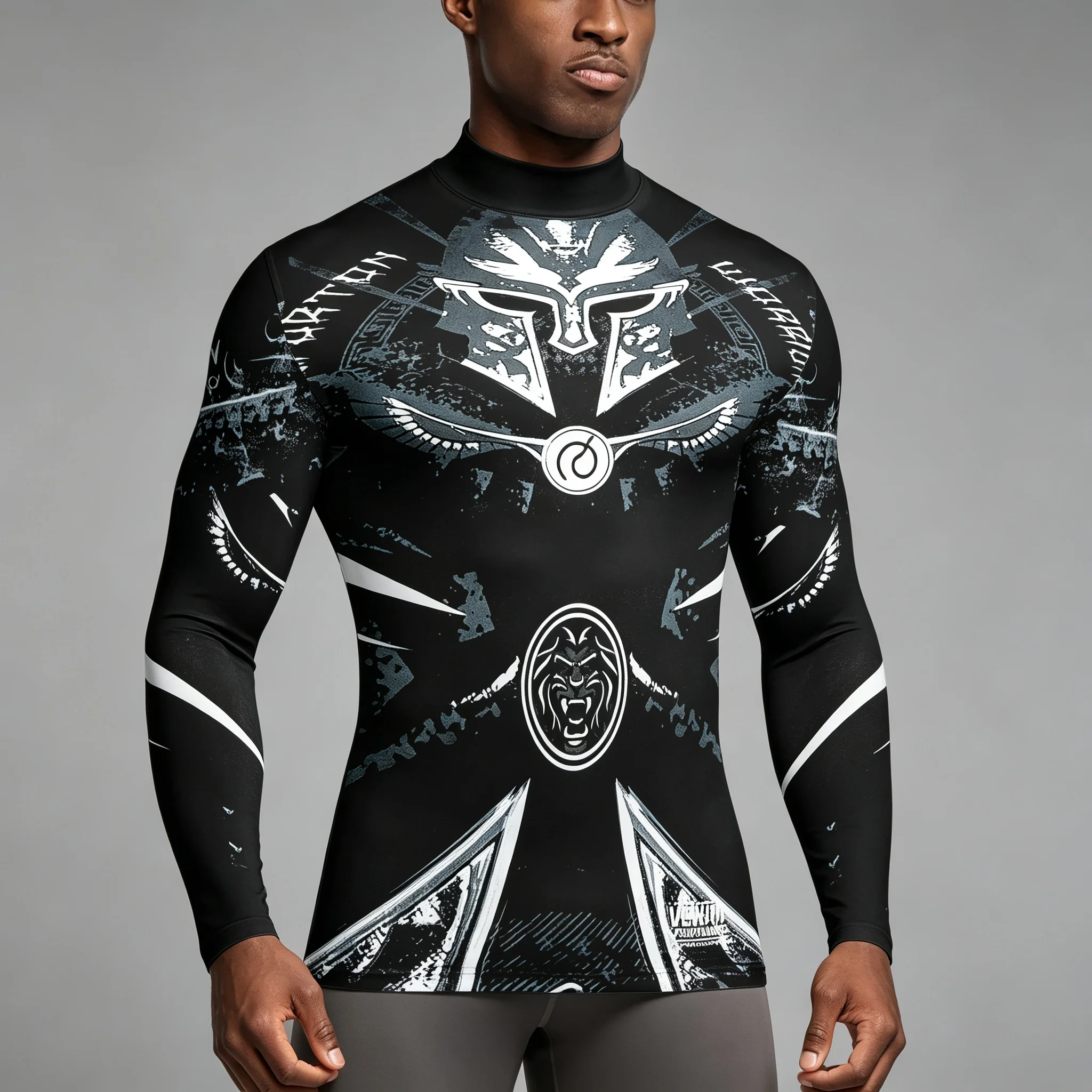 Men's Compression Long Sleeve T-Shirt Half High Neck Spartan Warrior Print Quick Dry Gym Workout Fitness MMA Training Rash Guard