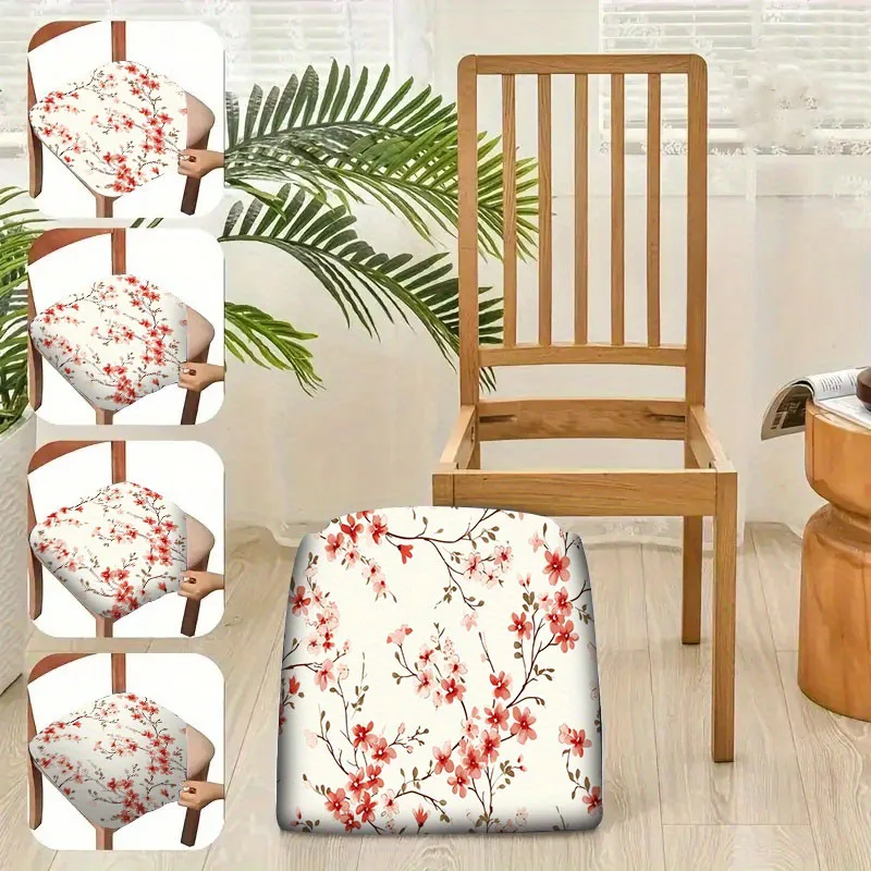 2/4/6pcs Chair Seat Slipcover,Watercolor Peach Blossom Floral Branch Pattern Chair Protector for Dining Room