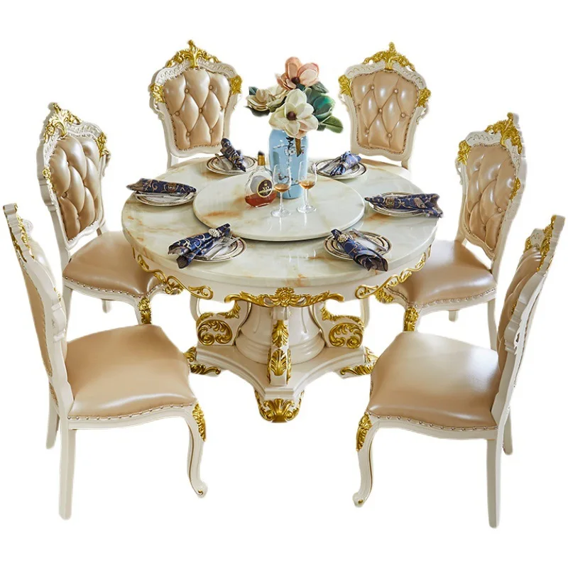 

sa-European Style Wood 6-Person Dining Table Chair Combination Household Turntable Pearl White Double-Layer Dining Set#