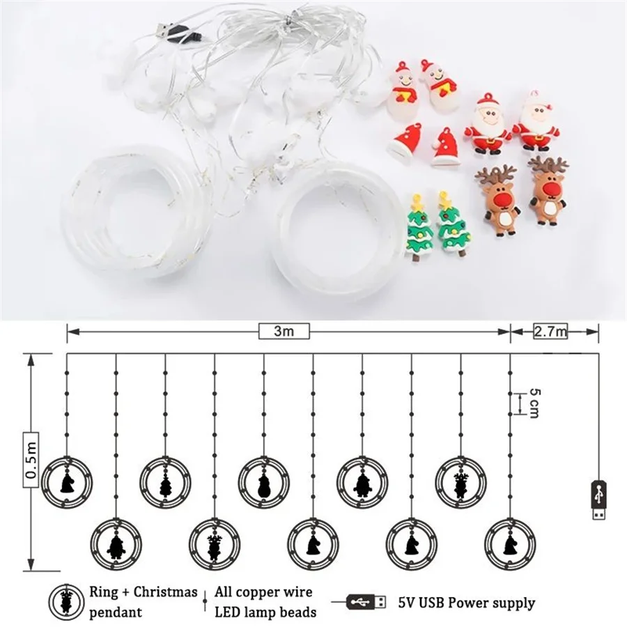 TIRVOSE ใหม่ 3M LED Christmas Curtain String Light USB Elk Snowman Fairy ไฟ Garland สําหรับงานปาร์ตี้งานแต่งงานตกแต่งวันหยุด