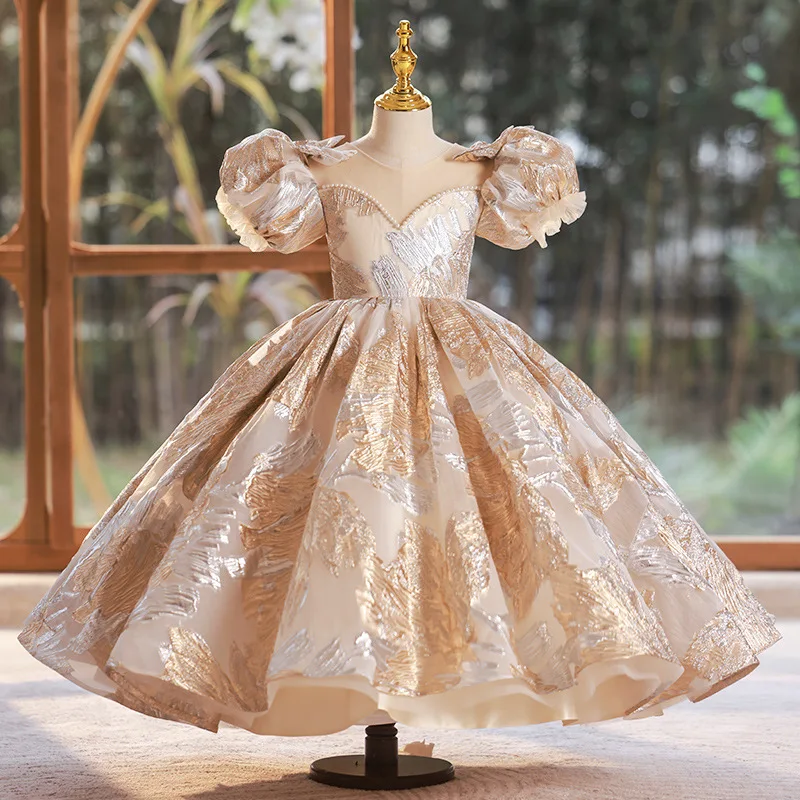 2024 Luxury Bubble Sleeves Girls Dress Fashion Round Neck Princess Dresses Holiday Party Children\'s Vestidos Ball Gown for Girl