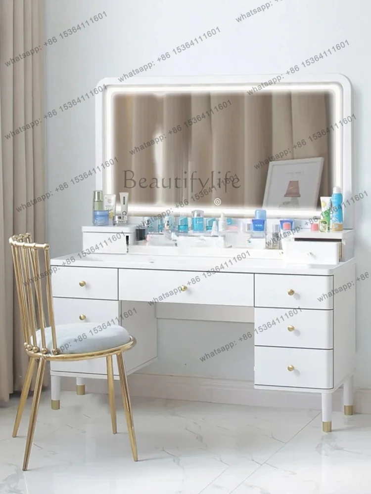 กระจกแต่งหน้าไม้แท้ FG28 ขนาดใหญ่ ดีไซน์หรูหรา ขนาด 1.4-1 เมตร สไตล์โมเดิร์นเรียบง่าย พร้อมที่เก็บของและโคมไฟ สไตล์อินส์