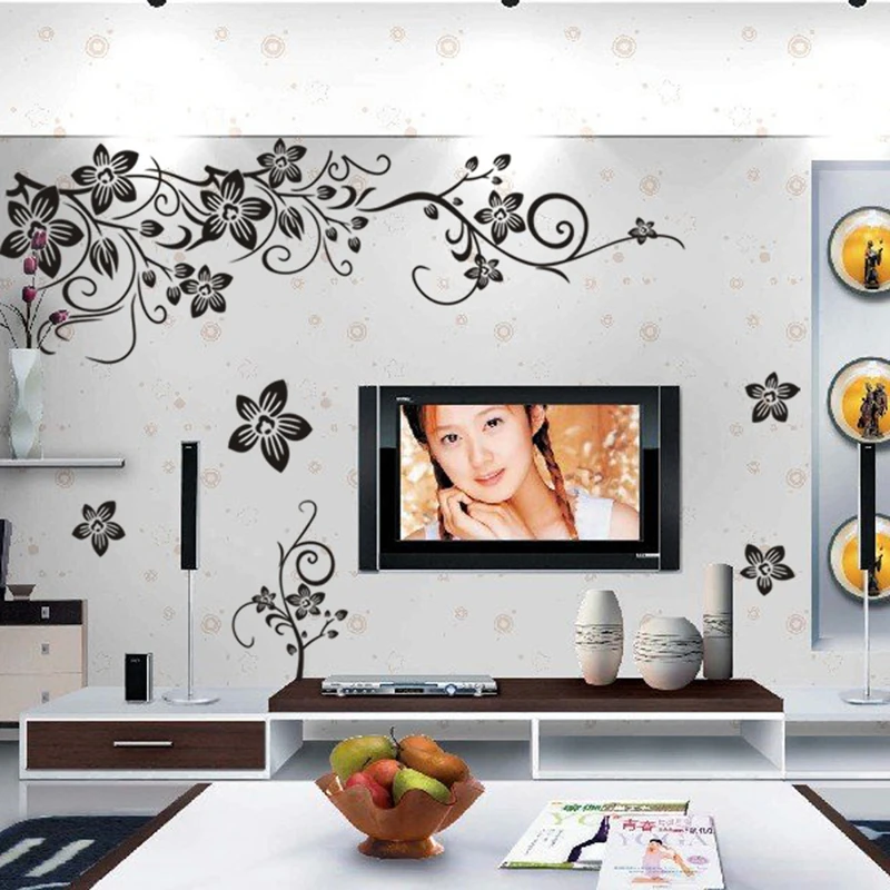 Diagonal Flower Vine Butterfly Fly Vinyl Wall Stickers Removable for Home Living Room TV Background Decoration Two Packing Sizes