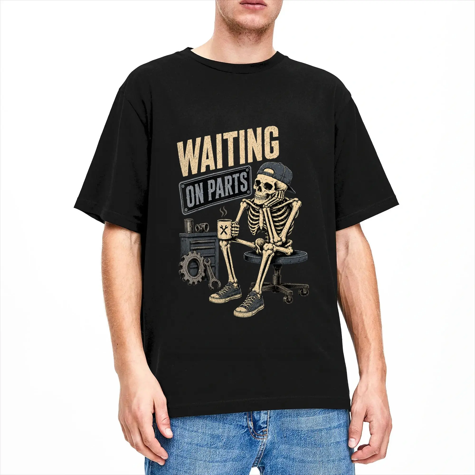 Humor Funny Waiting On Parts Mechanic Skeleton Auto Repair Life T-Shirts Men Round Collar Cotton T Shirt  Short Sleeve Tee Shirt