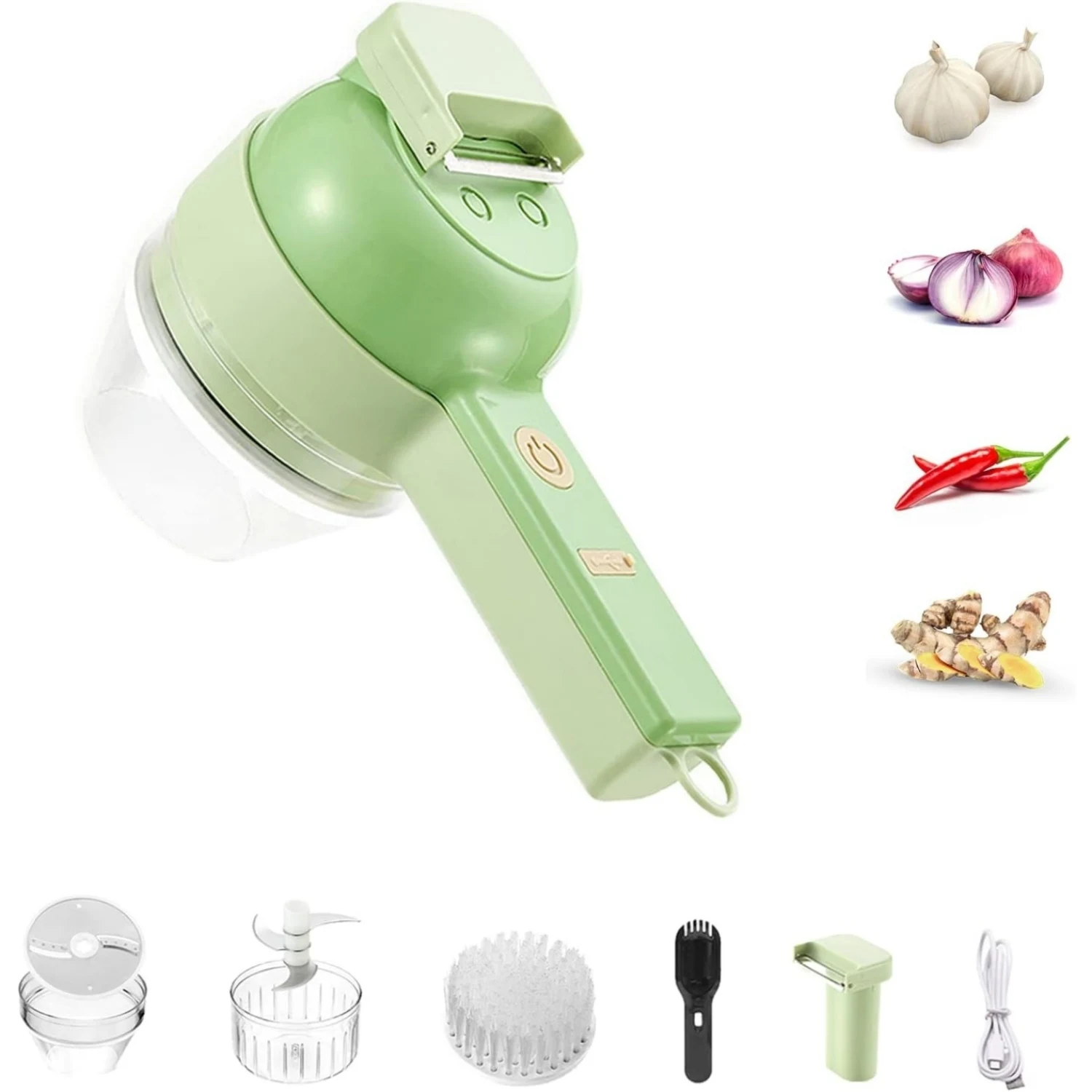 4 in 1 Auto Vegetable Chopper Set Electric Garlic Cutter with Clean Brush Handheld Food Chopper for Onion Pepper Ginger Meat