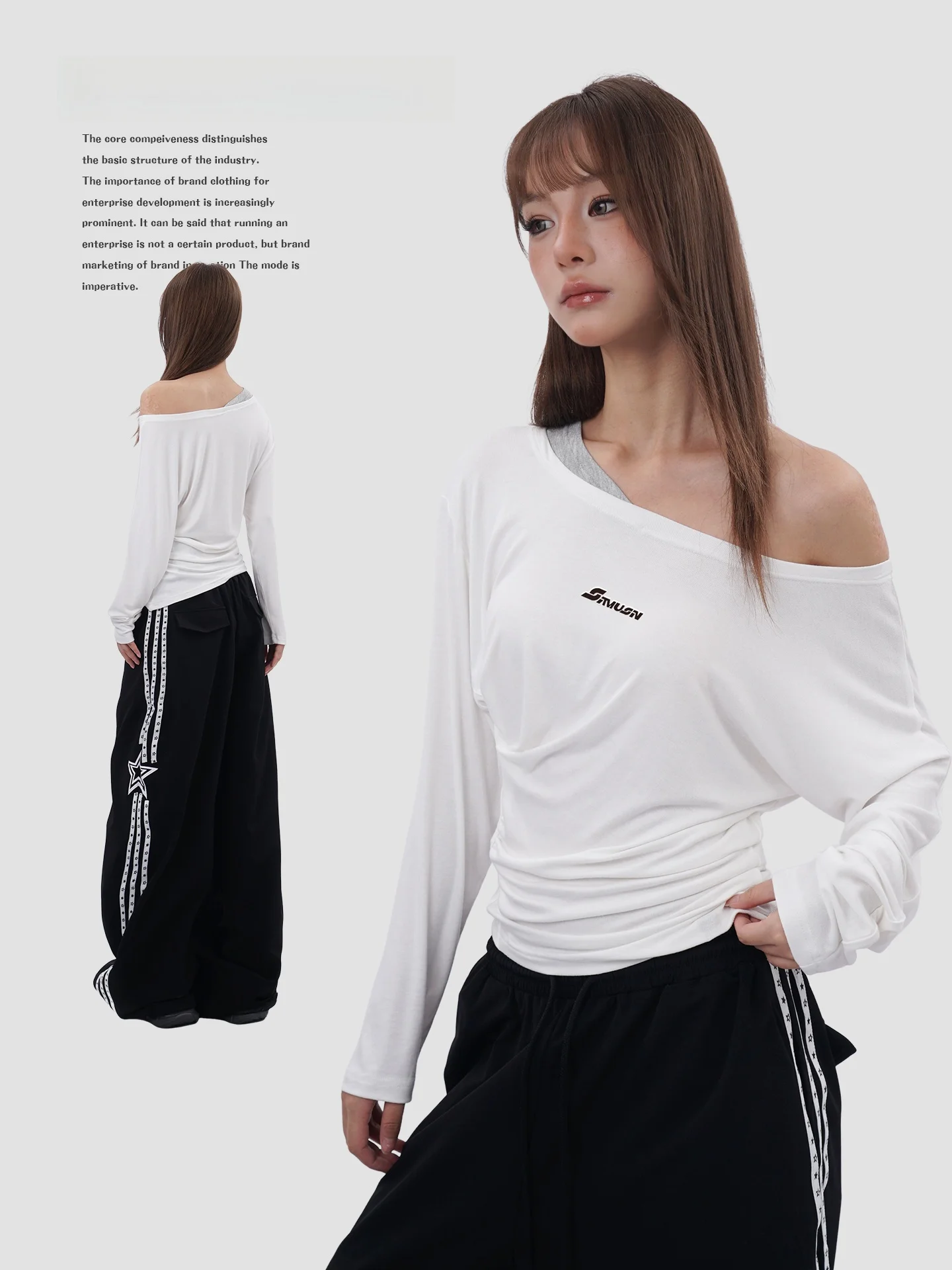 

American Style Long Sleeve White T-Shirt Shoulder Bared Waist Cinched Slimming Early Autumn Chic Design Sense Fake Two-Piece Top