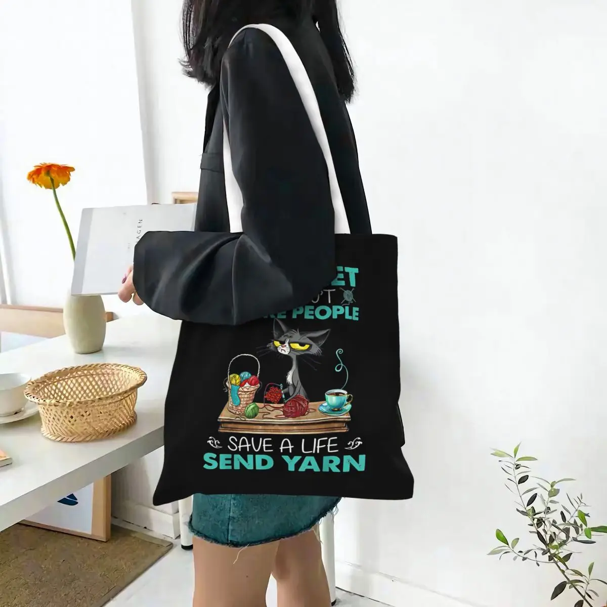 

I Dont Choke People Save A Life Send Yarn Cat Canvas Tote Handbag Funny Cat Meme Grocery Bags Reusable Shopping Bags for Unisex