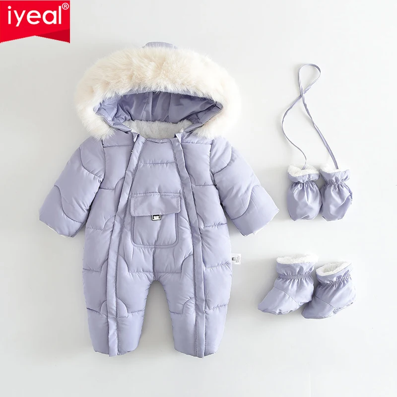 IYEAL Kids Hooded Romper Warm Fleece Lining Outerwear Winter Overalls Children Clothing Kids Snowsuit Infant Baby Jumpsuit