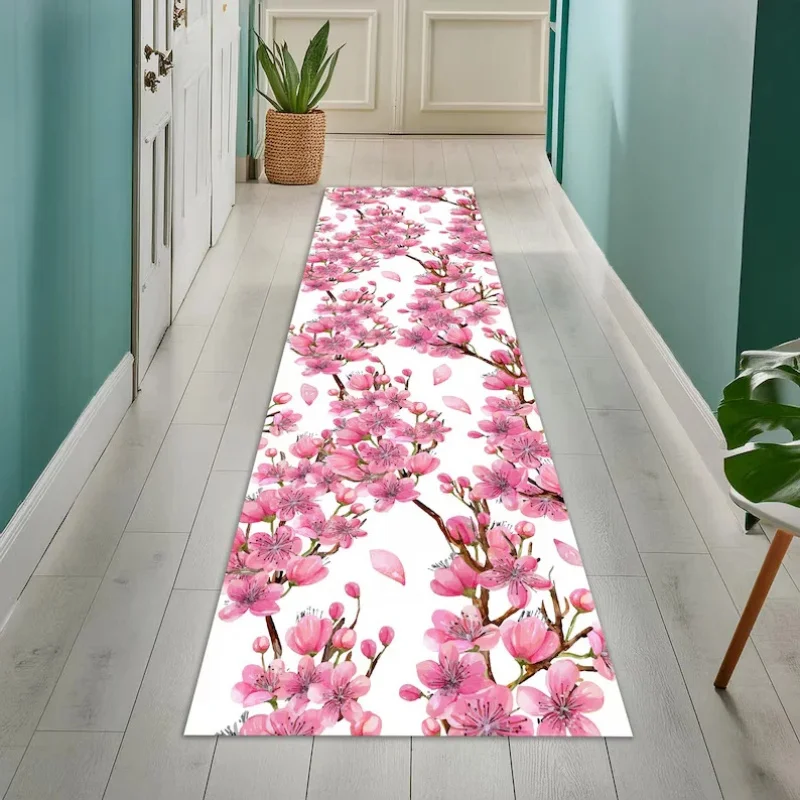 

VIKAMA Japanese Sakura Pastel Pink Floral Hallway Rug Soft Absorbent Cherry Blossom Japandi Zen Style Carpet for Home Decor