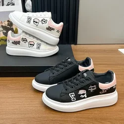 2024 New Fashion Lace-up Women Platform Sneakers Woman Black Casual Thick-soled Shoes Cute Cartoon Embroidery White Flats