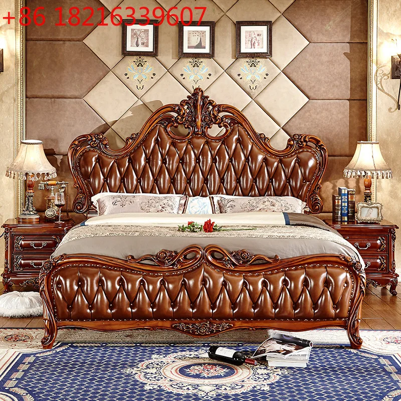 

European solid wood master bedroom double American leather soft bag backrest large bed simple engraving villa dark antique