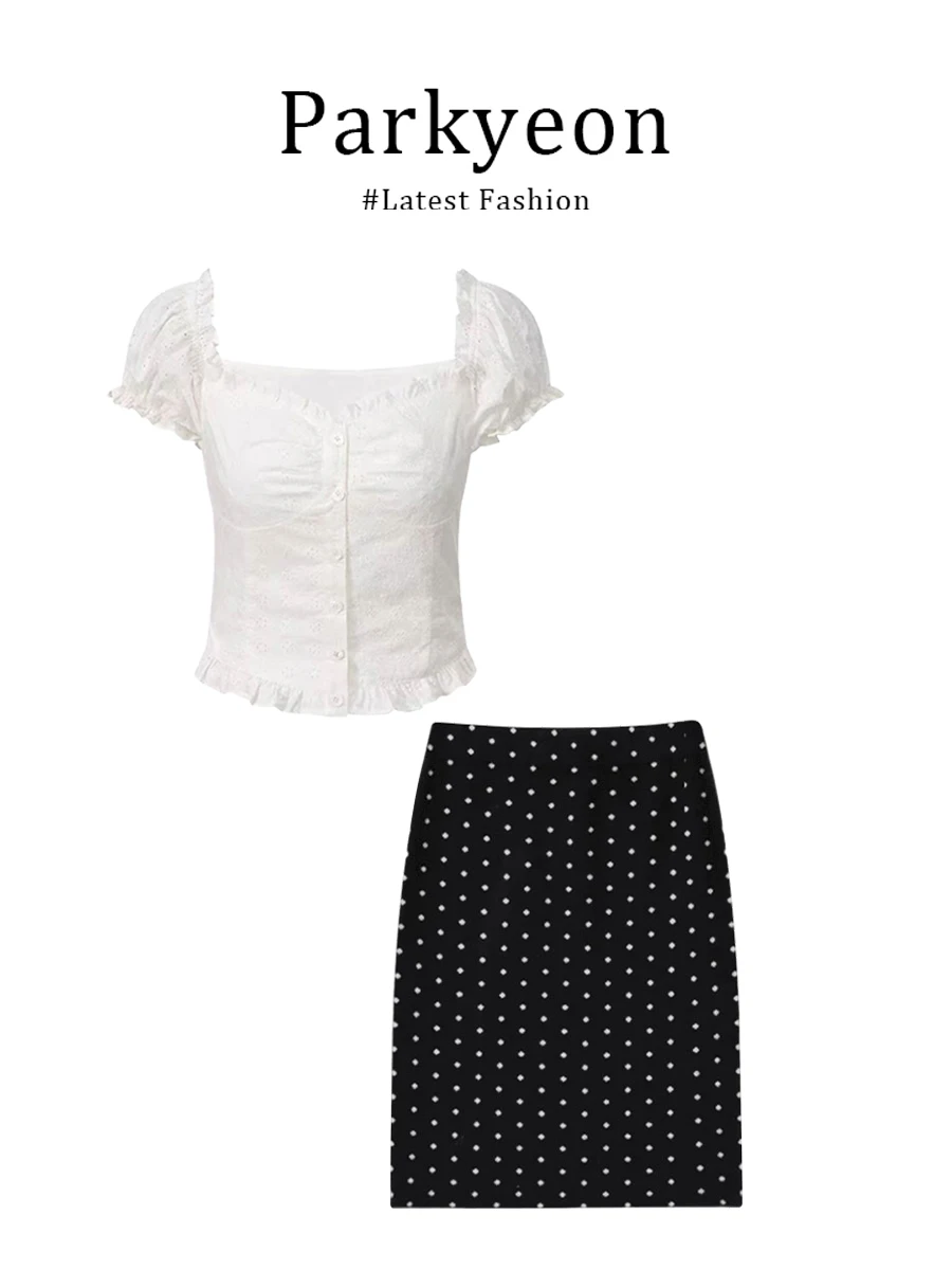 

Parkyeon Summer Floral Lace One Shoulder Top And Straight Skirt Set Women's Fashion Black Polka Dot Bodycon Dress Ensemble