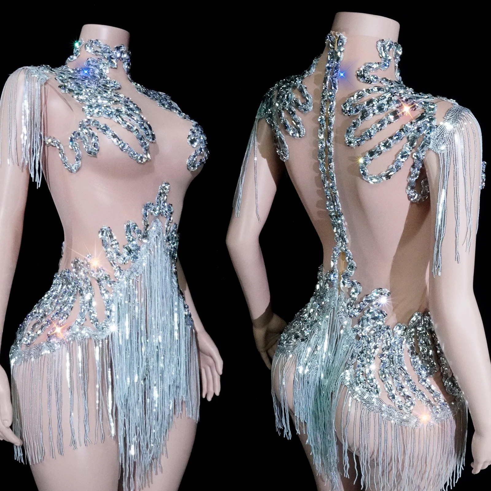 

Black Madam Mesh Tassel Bodysuit Sequins Design Dancer Performance Birthday Party Dance Costume Stage Wear Nightclub Drag Queen