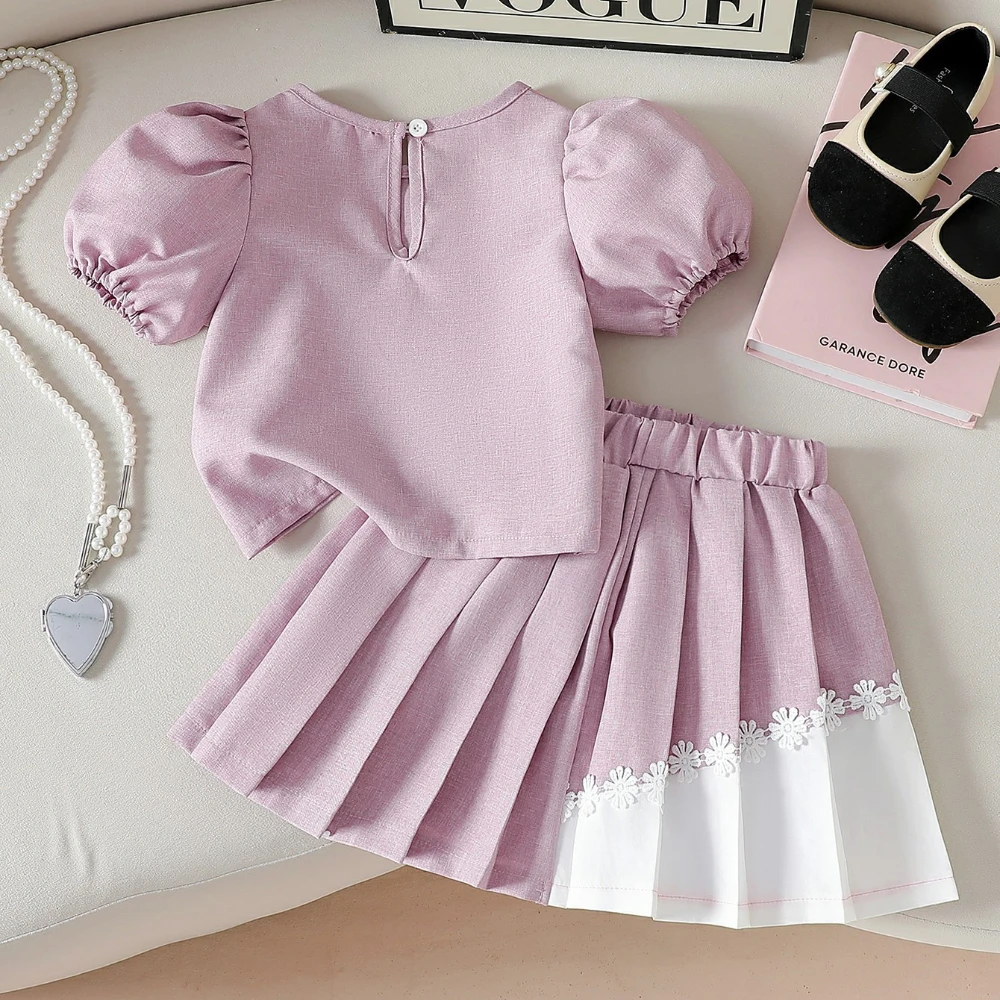 Summer Girl Clothes Set Baby Toddler Elegant Puff Sleeve 3D Flower Shirt Top Patchwork Pleated Skirt Suits Kids Boutique Outfit
