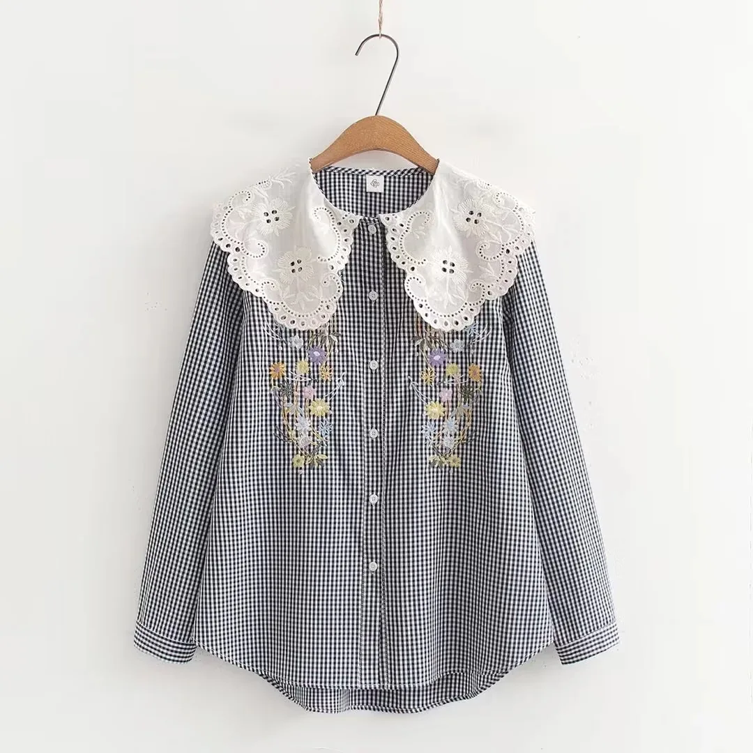 Novo 2025 inverno algodão camisa de manga longa, feminino peter pan colarinho xadrez, mori menina francês casual solto bordado blusa t5d522cc