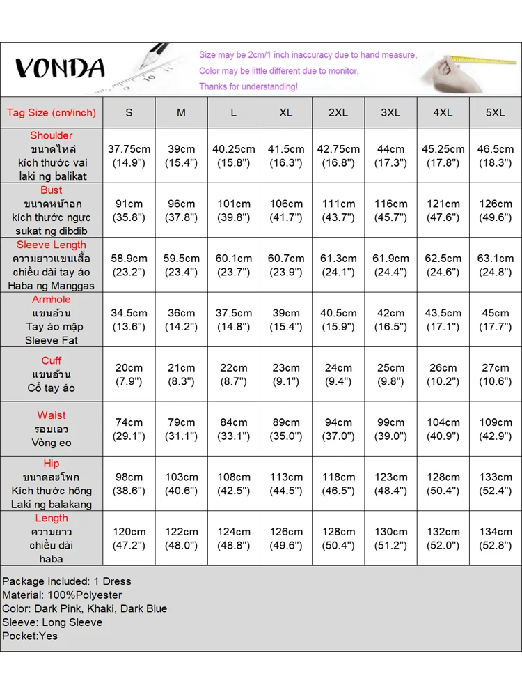 2025 Vestidos camiseros largos elegantes para mujer VONDA, Vestidos largos lisos con cuello de solapa de manga larga, Vestidos de otoño con botones y bolsillos, bata de fiesta para mujer
