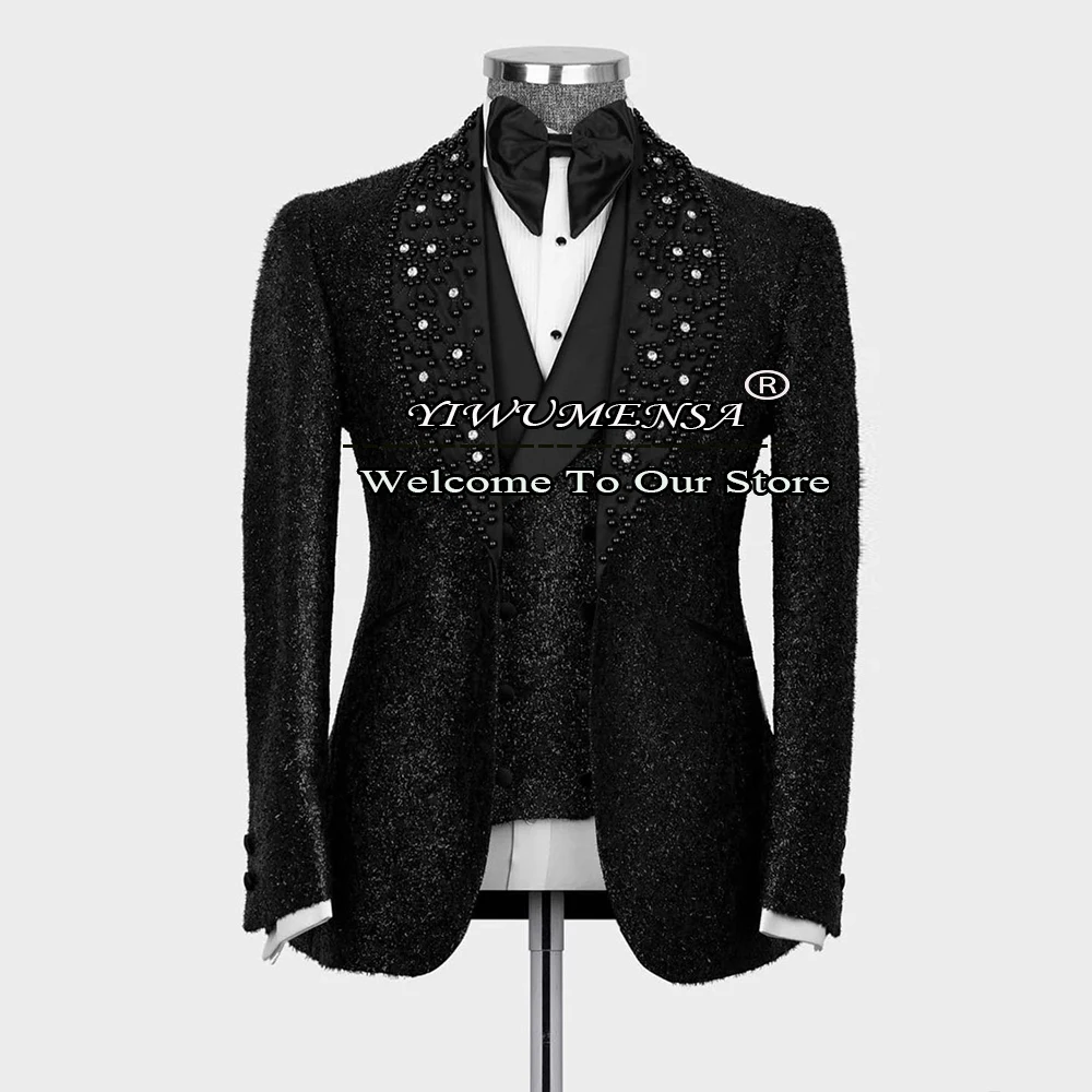 Luxury Wedding Suits For Men Sparkly Sequins Blazer Sets Black Satin Crystals Beads Lapel Jacket+Vest+Pants Groom Tuxedo Dresses