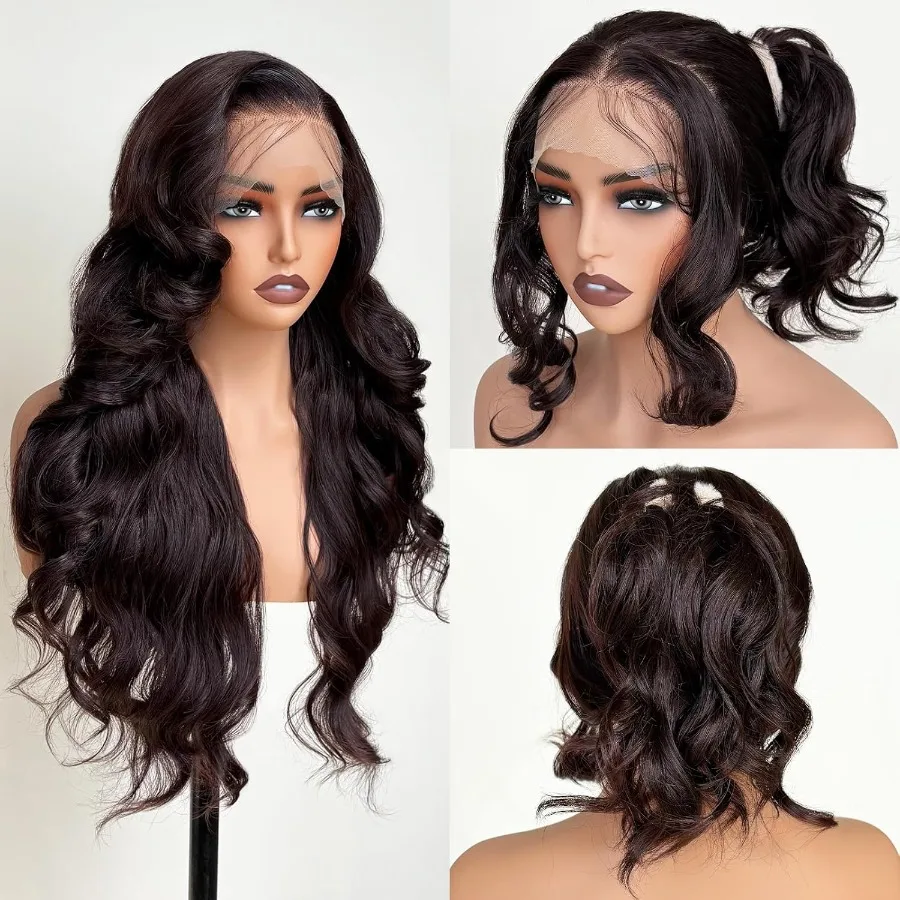 26 بوصة شعر مستعار اصطناعي مموج مسبقًا مع دانتيل أمامي عالي الدقة للنساء البيض والنساء السود قبل الطبقات عقدة صغيرة بنية لاك
