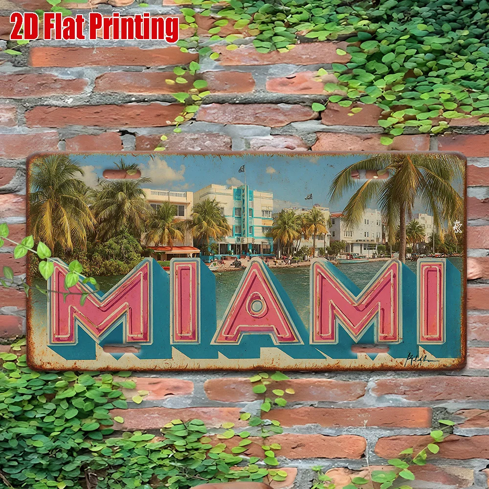 2D Flat, 2D Flat Printing, 12inch Piece, Vintage Metal Tin Sign, Outdoor Plaque& Wall Decoration(120 X 60cm), Miami Sign, Vintag