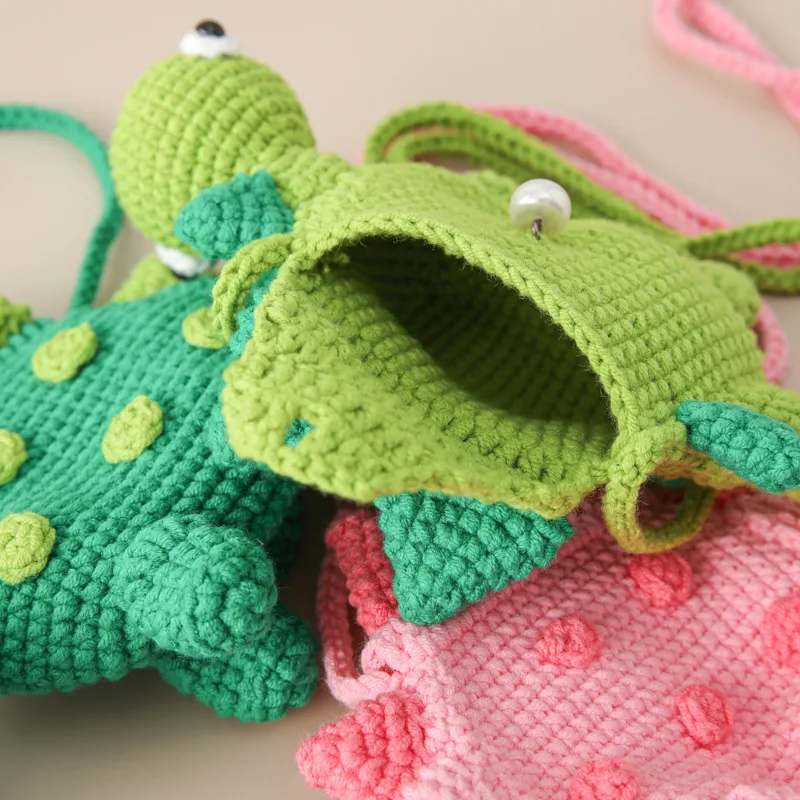 Cute boys handmade  woven  dinosaur messenger  little girls crocheted change  lipstick bag