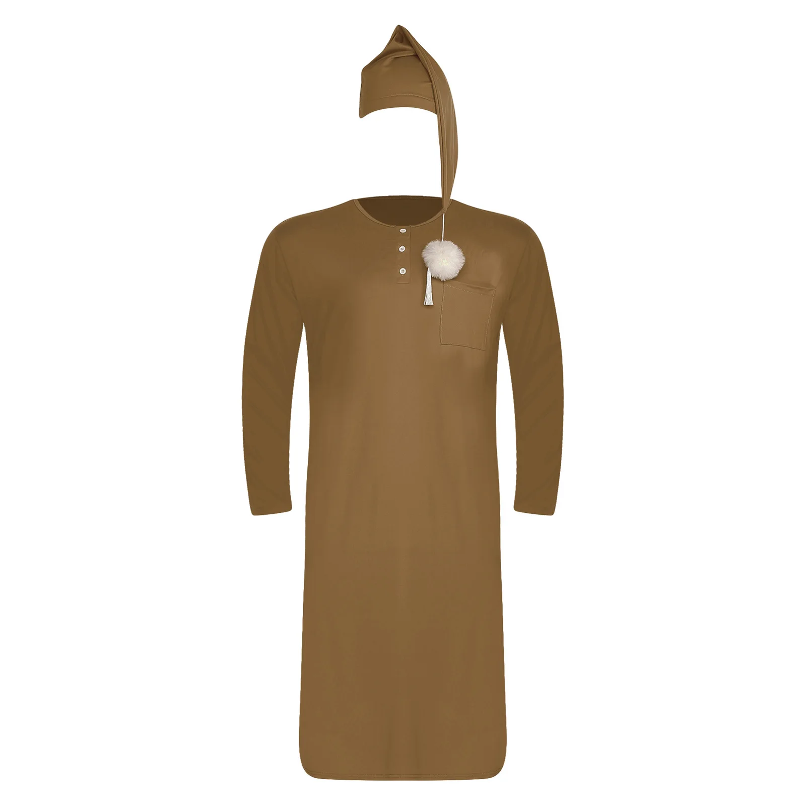 

Men's Soft Loose Sleep Robe with Pointed Hat Set Sleepwear Solid Color Long Sleeve Nightshirt with Sleeping Cap Pajamas Outfits