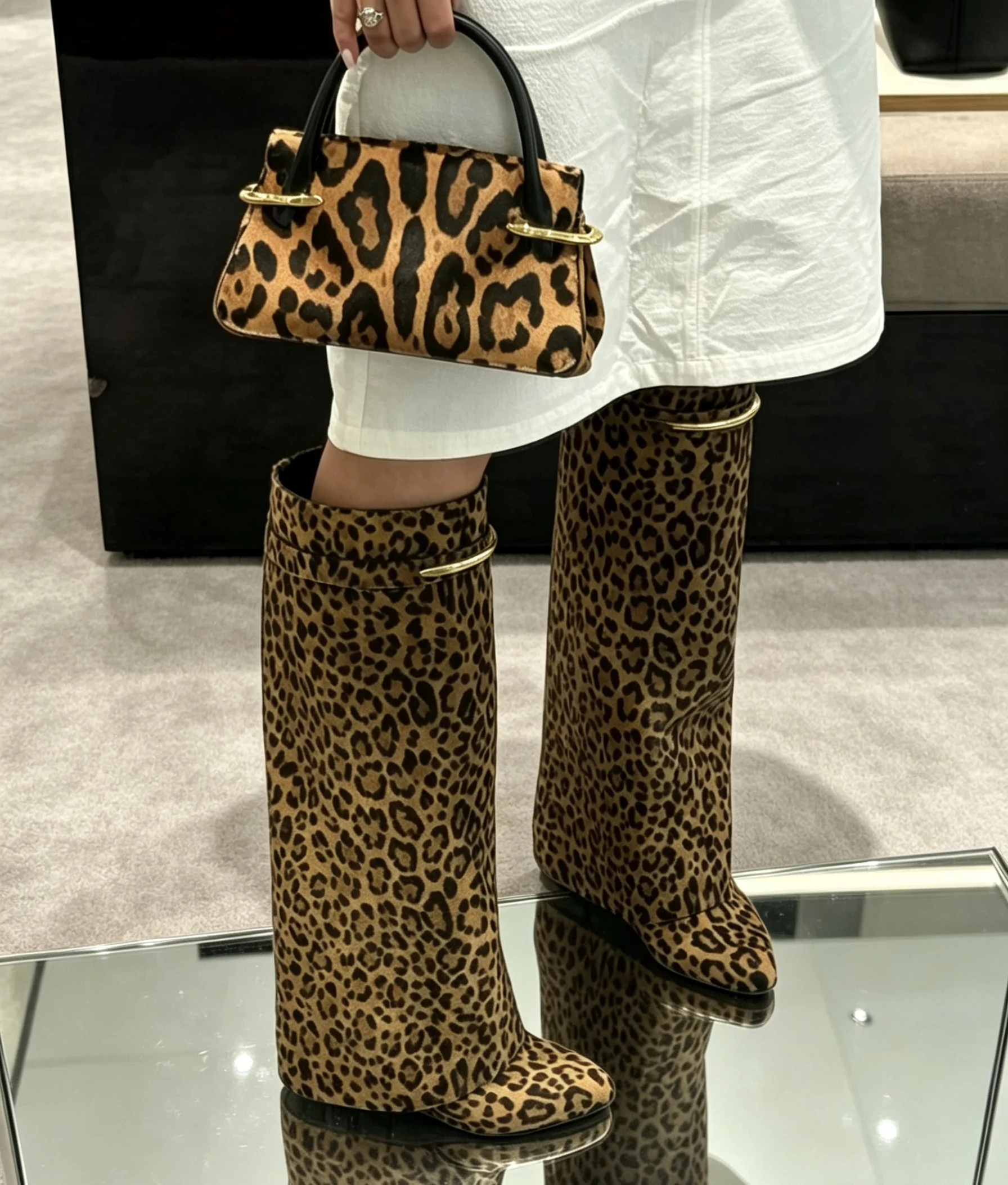 New Autumn/Winter Women's Leopard Print Fold Over Knee High Boots Gold Buckle Wedge Heel Pointed Toe Fashion Street Long Boots