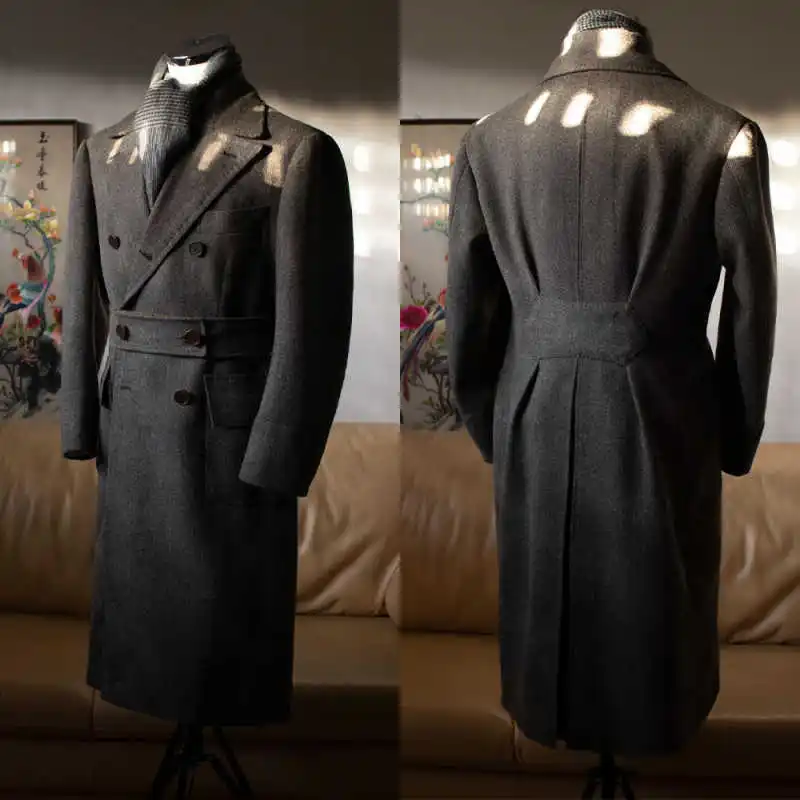 

Твидовое темно-серое мужское пальто, куртка, длинные пальто, деловая верхняя одежда по индивидуальному заказу, одежда для жениха из смеси шерсти