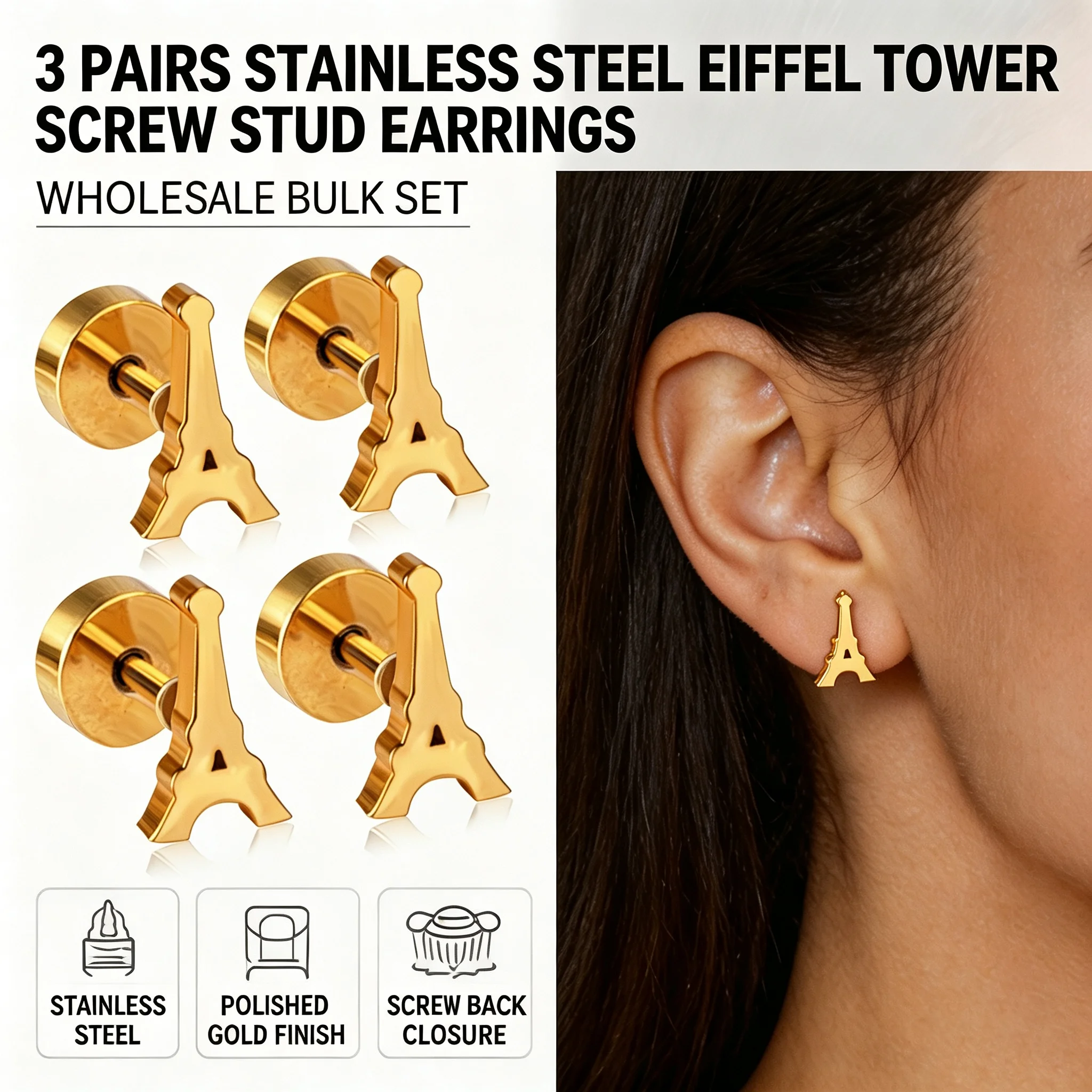Wholesale 3 Pairs Stainless Steel Eiffel Tower Screw Back Stud Earrings Gold Bulk Piercing Jewelry Set