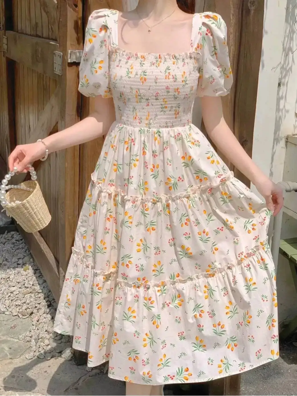 Midi Dresses For Women Cute Woman Dress Floral Kawaii Fairy Flower Short Sleeve Elegant And Beautiful New In Curvy Haruku Hot