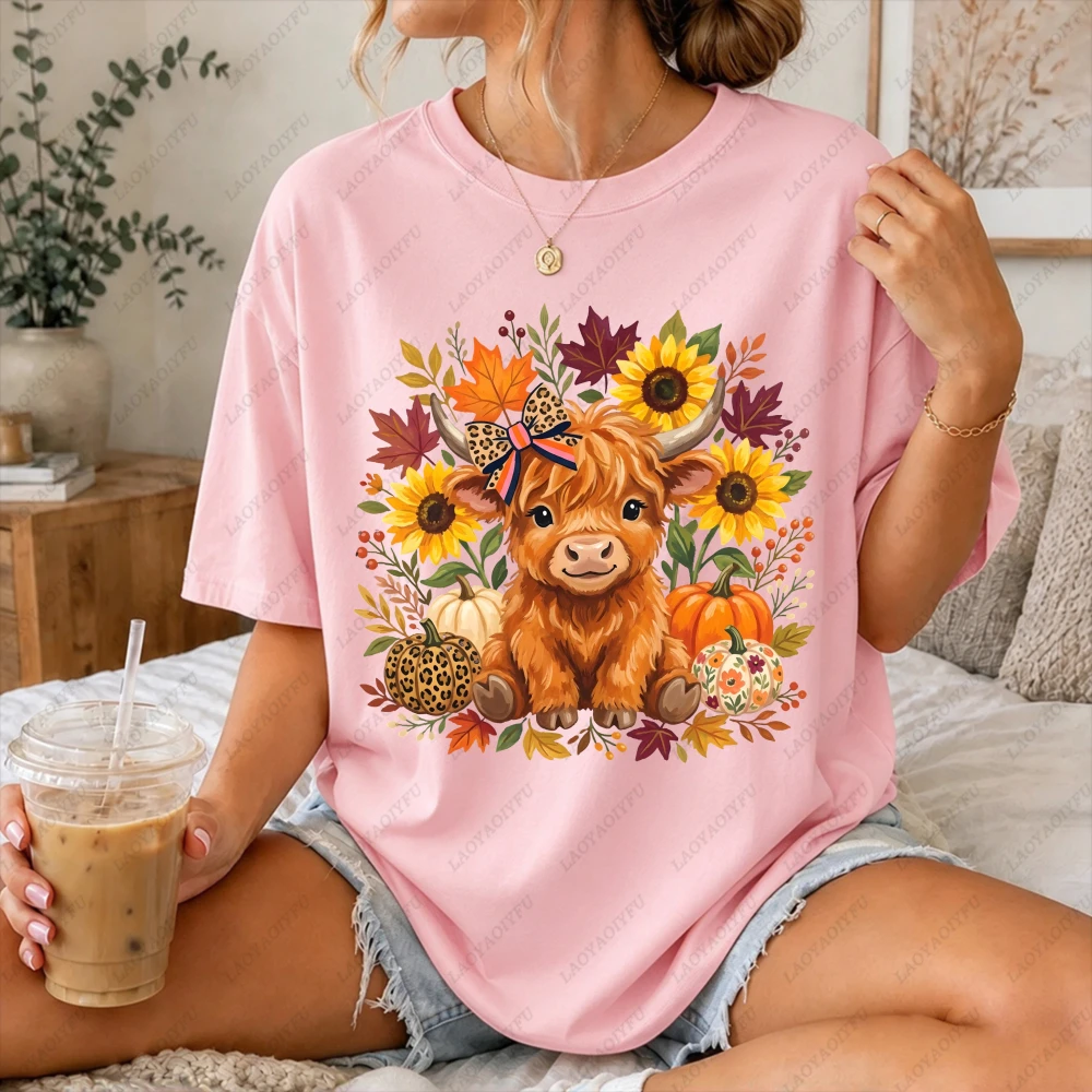 Fall Highland Cow Sunflower Pumpkin Graphic Women Casual Short Sleeve Cotton T-Shirt Cute Baby Animal Farm Floral Cow Shirt