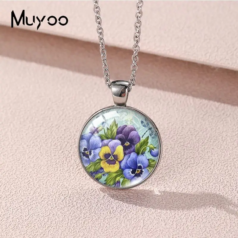 2023 New Pansy Flower Pendant Necklace Art Painting Round Photo Necklaces Glass Dome Jewelry Gifts