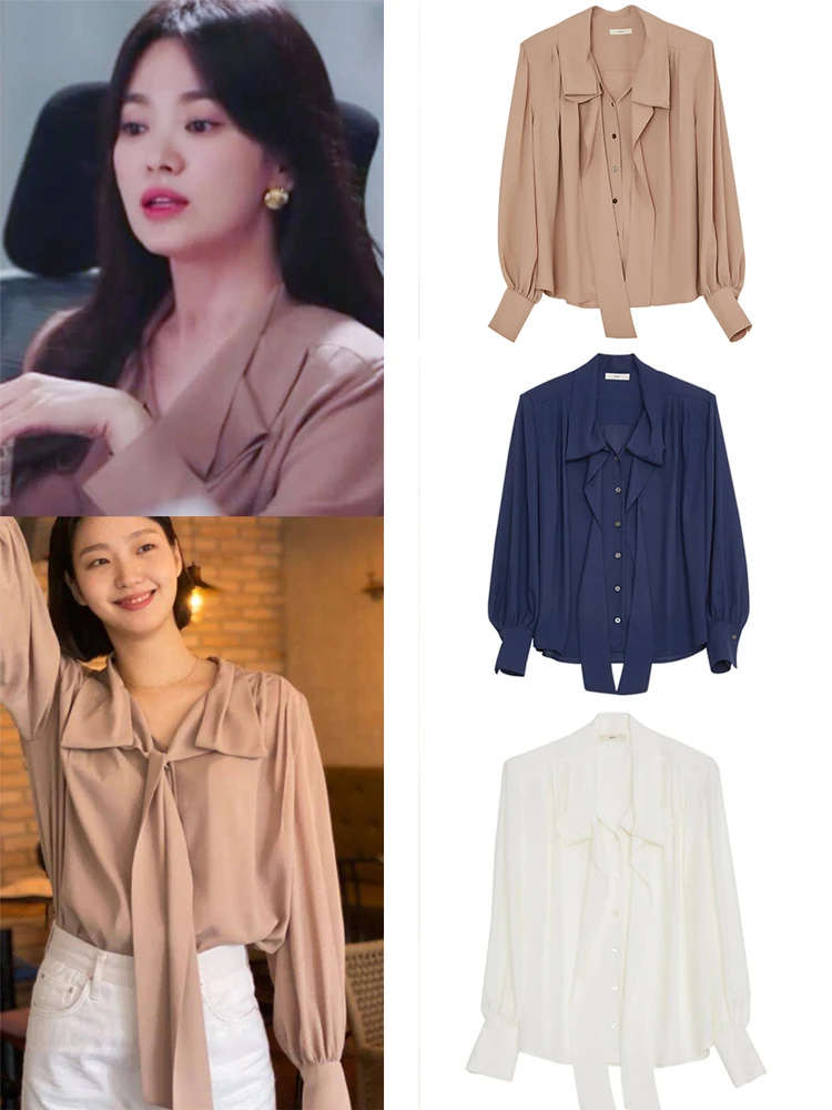 

Korean Sle Loose Fit Long Sve Collar irt for Women Casual Commute Faion Pure Color Button up Top