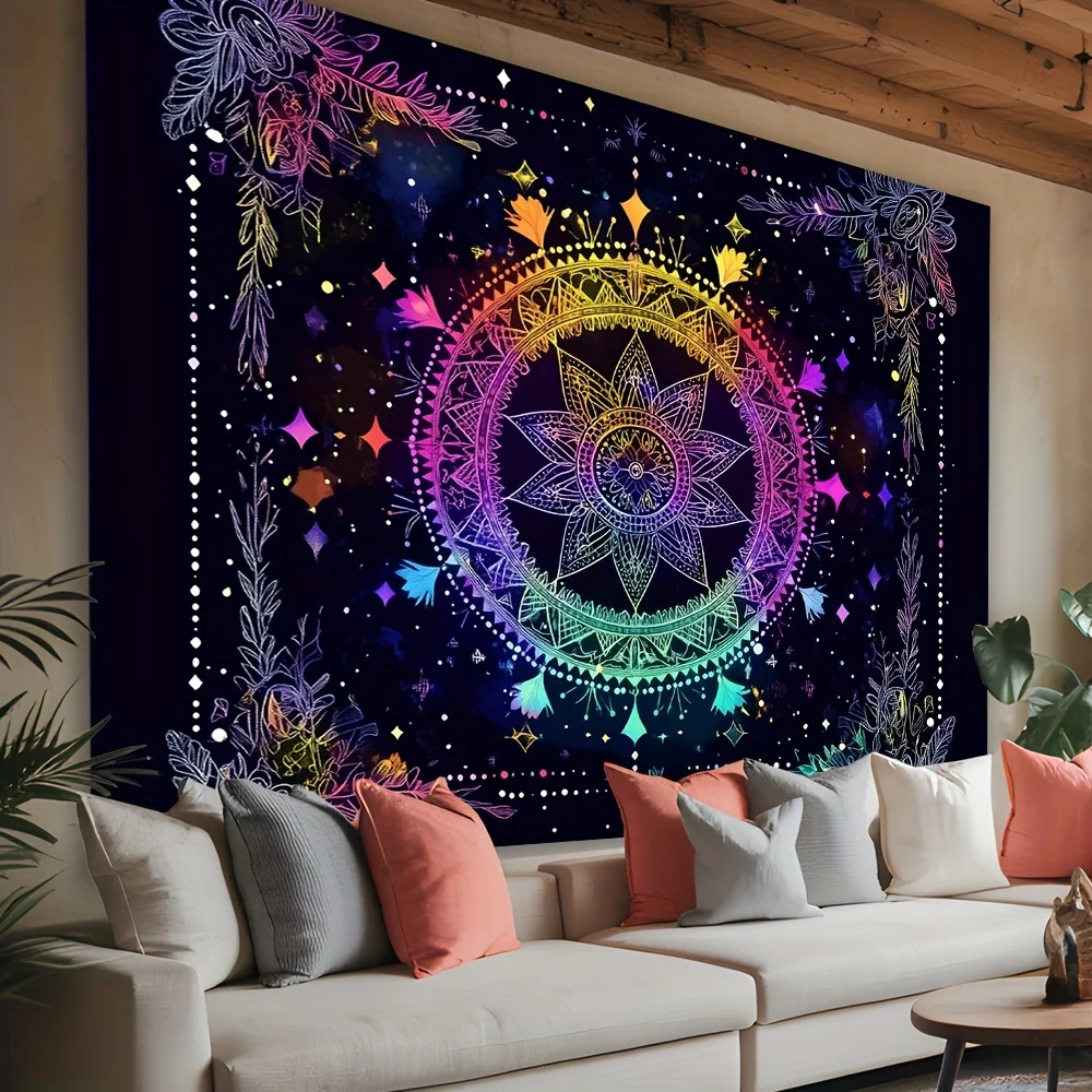 Bohemian Mandala Tapestry Boho Wall Decor Cosmic Galaxy Spiritual Festival Rainbow Psychedelic Aesthetic Hanging Art Fabric