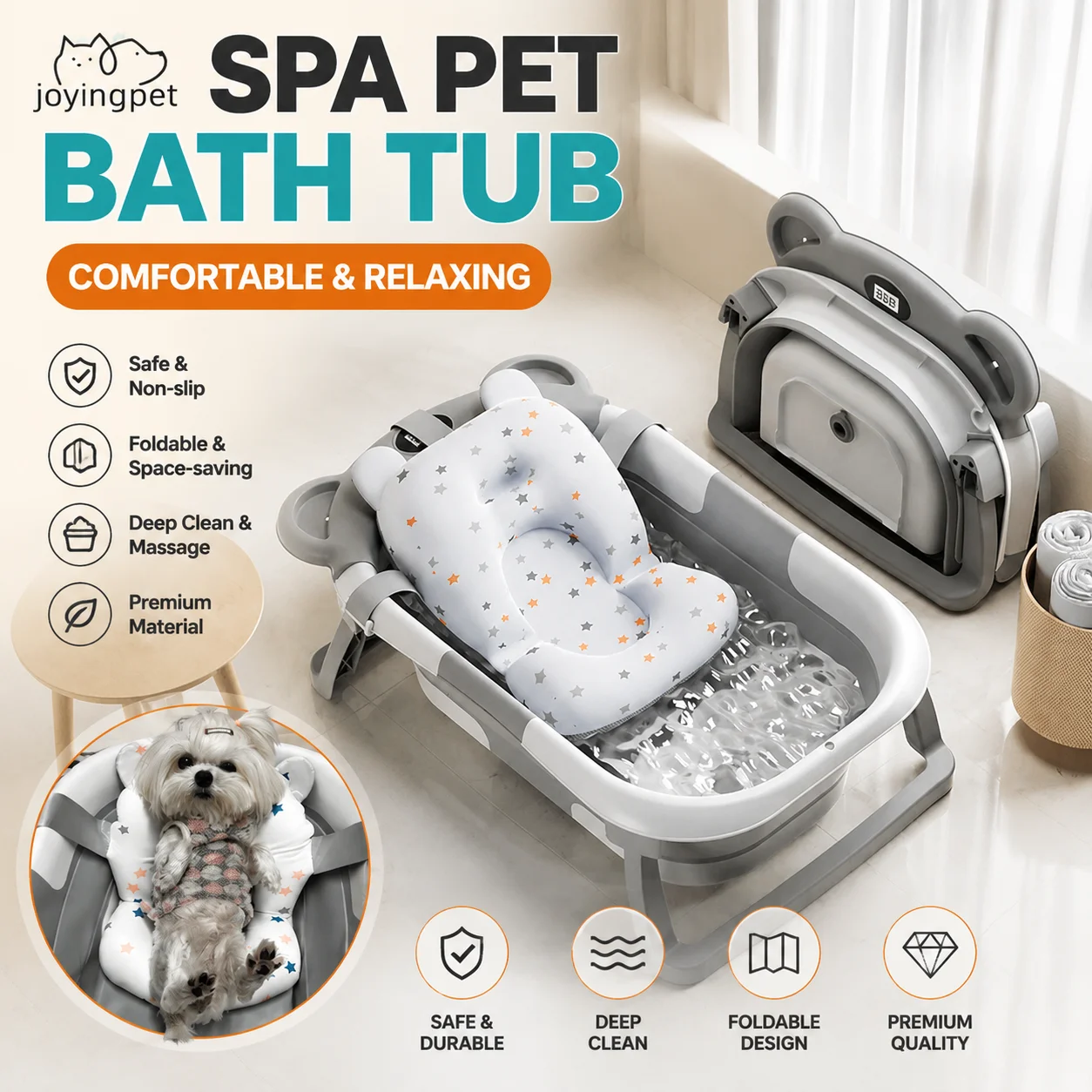 Collapsible Pet Bath Tub for Cats Dogs, Non-Slip Anti-Scratch Wash Basin with Drain, Portable Foldable Grooming Tool