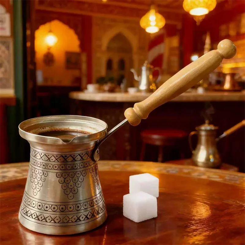 Vintage Cezve Ibrik with Wood Handle,Classic Turkish Coffee Maker for Open Fire & Sand Stove,Hand‑Engraved Turkish Coffee Pot
