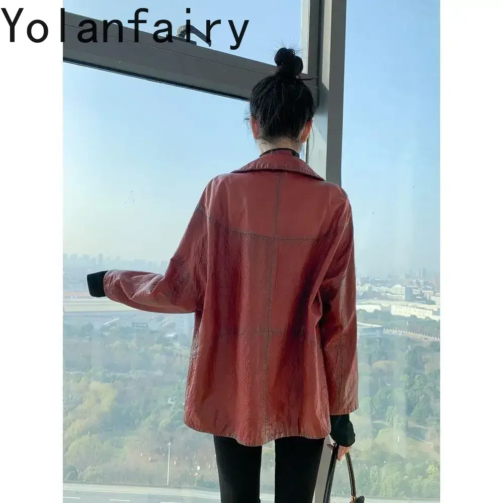 YOLANFAIRY Spring Autumn Genuine Leather Jacket Women's Vintage Oil Wax Sheepskin Short Loose Women Leather Clothing Female